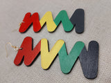 Wooden Rasta Earrings Large Zigzag Red Yellow Green Black Jewelry Handmade Hand Painted