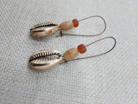 Cowrie Earrings Antique Gold Beaded Brown Long Women Jewelry