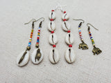 Afrocentric Earrings Cowrie Dangle Jewelry Beaded Long Women Handmade Set of 3