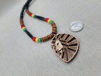 Wooden Lion Necklace Beaded Men Rasta Ghana Unisex Red Black Green Yellow Handmade