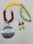 Women Jewelry Set Rasta Earrings Necklace Silver Pendant Beaded Red Yellow Green