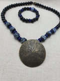 Round Antique Brass Pendant Black Blue Beads Jewelry Set Women Statement