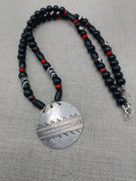 Women's Tribal Silver Black Red Beaded Ethnic Pendant Statement Jewelry