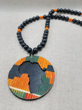 African Kente Necklace Pendant Black Orange Beaded Original Jewelry Handmade Statement Gift Idea Men Women