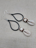Women Earrings Long Dangle Black Leather Brown Bead Cowrie Jewelry