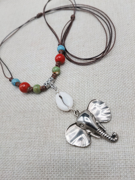 Silver Elephant Pendant Colorful Dangle Necklace Red Blue Green Cowrie Adjustable Women Jewelry
