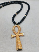 Gold Tone Ankh Necklace Men Jewelry Wire Wrapped Beaded Black Large Gift Idea