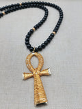 Gold Tone Ankh Necklace Men Jewelry Wire Wrapped Beaded Black Large Gift Idea