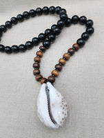 African Cowrie Shell Pendant Black Brown Beaded Jewelry Men Ethnic Gift Ideas