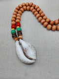 Men Necklace Cowrie Pendant Jewelry Wood Beaded Red Yellow Green Rasta Ethnic Handmade