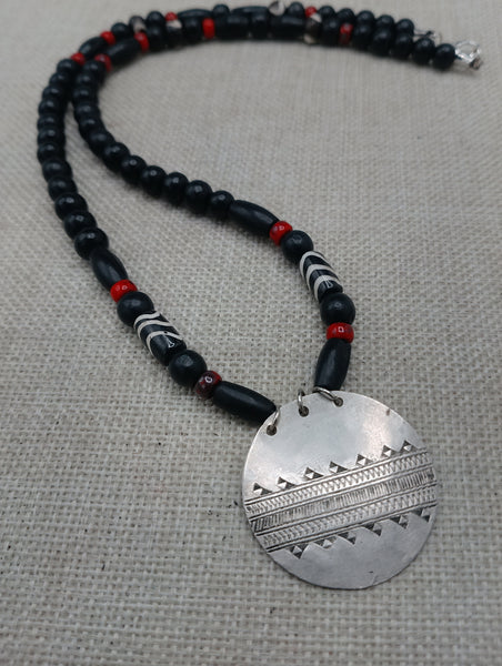 Women's Tribal Silver Black Red Beaded Ethnic Pendant Statement Jewelry