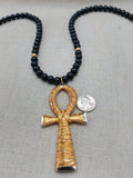 Gold Tone Ankh Necklace Men Jewelry Wire Wrapped Beaded Black Large Gift Idea