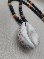 Men Necklace African Cowrie Shell Jewelry Black Beaded Orange Krobo Handmade Gift Ideas