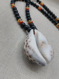 Men Necklace African Cowrie Shell Jewelry Black Beaded Orange Krobo Handmade Gift Ideas