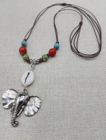 Silver Elephant Pendant Colorful Dangle Necklace Red Blue Green Cowrie Adjustable Women Jewelry