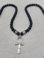 Silver Ankh Pendant Necklace Black Beaded Egyptian Ethnic Jewelry Unisex