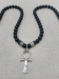 Silver Ankh Pendant Necklace Black Beaded Egyptian Ethnic Jewelry Unisex
