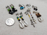 Women Non Pierced Earring Clip On Set of 7 Beaded Silver Jewelry Elephant Ankh Cowrie Gift Ideas for Her