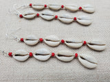 Women Jewelry Long Cowrie Earrings Beaded Red Silver Handmade Dangle Summer