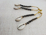 Women Clip On Earrings Black Gold Cowrie Long Dangle Beaded Jewelry Non Pierced