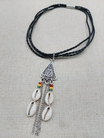 Leather Necklace Triple Strand Silver Pendant Rasta Cowrie Women Statement Gift Ideas