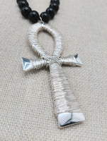 Silver Ankh Wire Wrapped Large Men Necklace Jewelry Black Beaded Statement