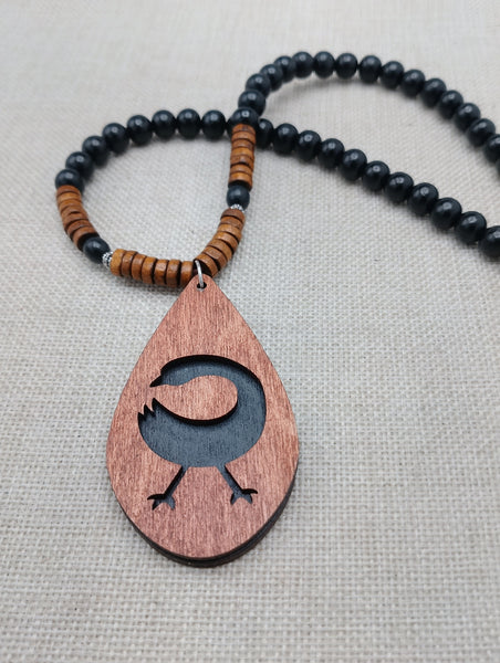 African Sankofa Bird Necklace Adinkra Jewelry Wood Black Brown Beaded Unisex