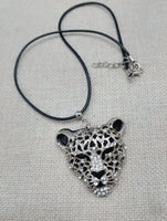 Silver Tone Leopard Jaguar  Necklace Black Cord Jewelry