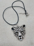 Silver Tone Leopard Jaguar  Necklace Black Cord Jewelry