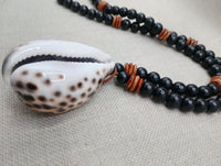 Men Necklace Cowrie Shell Jewelry Black Brown Wood Beaded Ethnic Handmade