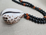 Men Necklace Cowrie Shell Jewelry Black Brown Wood Beaded Ethnic Handmade