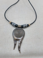 Tribal Necklace Swirl Antique Bronze Black Leather Women's Jewelry Cord Ethnic Large Pendant