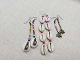 Afrocentric Earrings Cowrie Dangle Jewelry Beaded Long Women Handmade Set of 3