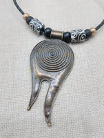 Tribal Necklace Swirl Antique Bronze Black Leather Women's Jewelry Cord Ethnic Large Pendant