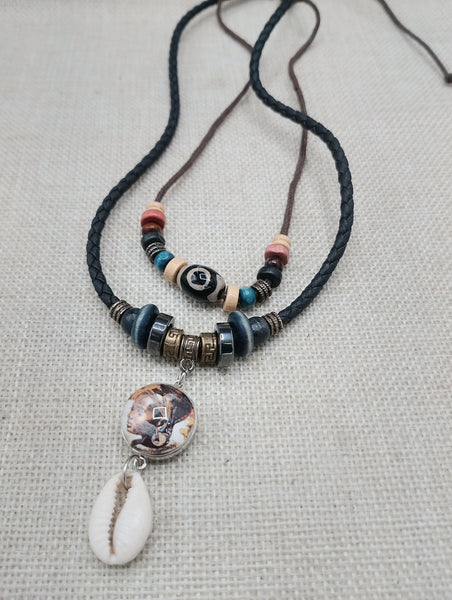 African Women Pendant Cowrie Shell Jewelry Leather Adjustable Tribal Beaded Ethnic