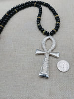 Silver Ankh Pendant Necklace Beaded Black Yellow Green Jamaica Inspired Egyptian Statement