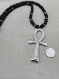 Silver Ankh Pendant Necklace Beaded Black Yellow Green Jamaica Inspired Egyptian Statement