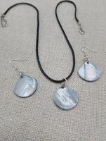 Mother of Pearl Jewelry Set  Necklace Earrings Black Cord Women Boho Beach Silver