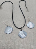 Mother of Pearl Jewelry Set  Necklace Earrings Black Cord Women Boho Beach Silver