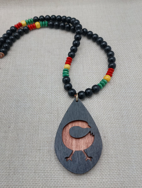 African Adinkra Sankofa Bird Necklace Women Men Wooden Beaded Black Red Yellow Green