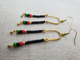 Afrocentric Earrings Pan African Jewelry Gold Tone Beaded Dangle  Red Black Green Women