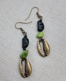 Cowrie Earrings Beaded Jewelry Green Brass Dangle Ethnic