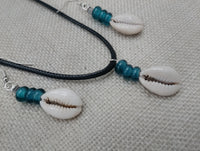 Cowrie Shell Jewelry Set Necklace Earrings Glass Teal Beaded Black Cord Women