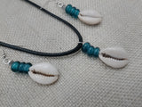 Cowrie Shell Jewelry Set Necklace Earrings Glass Teal Beaded Black Cord Women