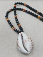 Men Necklace African Cowrie Shell Jewelry Black Beaded Orange Krobo Handmade Gift Ideas