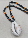 Men Necklace African Cowrie Shell Jewelry Black Beaded Orange Krobo Handmade Gift Ideas