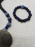 Round Antique Brass Pendant Black Blue Beads Jewelry Set Women Statement