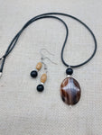 Women Jewelry Set  Agate Beaded Cord Necklace Small Earrings