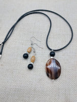 Women Jewelry Set  Agate Beaded Cord Necklace Small Earrings