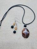 Women Jewelry Set  Agate Beaded Cord Necklace Small Earrings